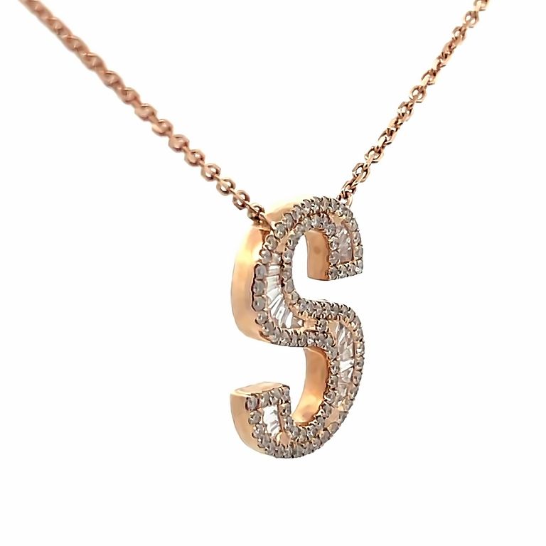 Initial Diamond Pendant Necklace Baguette & Round 0.50CT G/SI 14K Rose Gold 16"