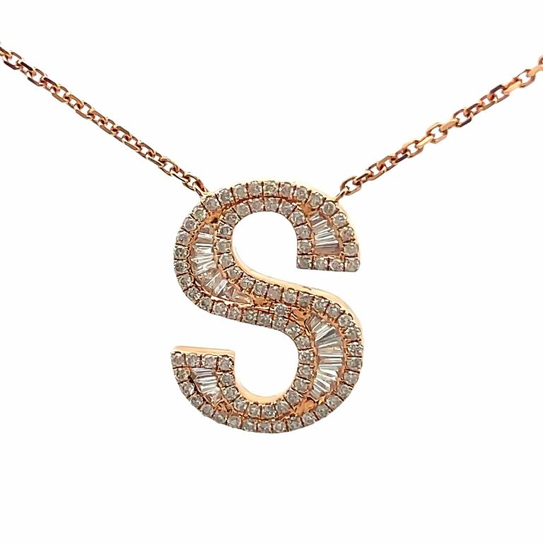 Initial Diamond Pendant Necklace Baguette & Round 0.50CT G/SI 14K Rose Gold 16"