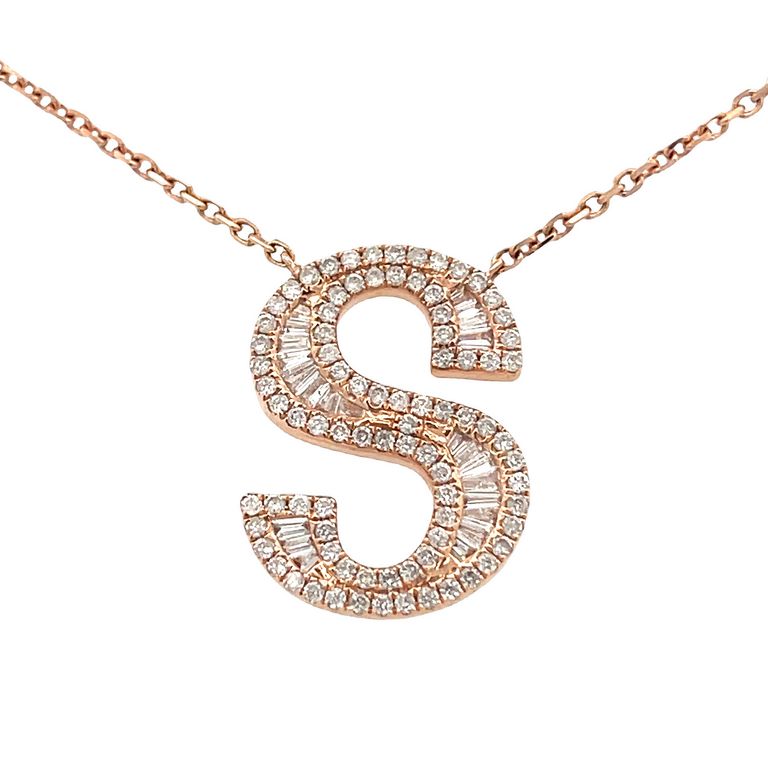 Initial Diamond Pendant Necklace Baguette & Round 0.50CT G/SI 14K Rose Gold 16"