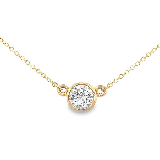 Round Bezel Diamond Solitaire Pendant Necklace 0.76CT 14K Yellow Gold