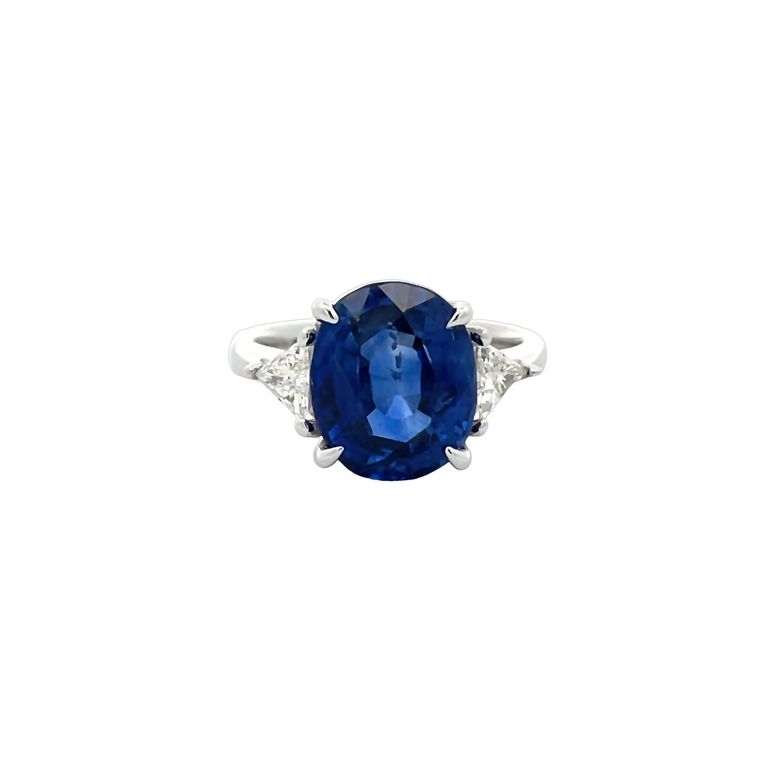 Three Stone Ceylon Sapphire & Trilliant Diamond Ring 6.46CT TR.36CT 18K White Gold