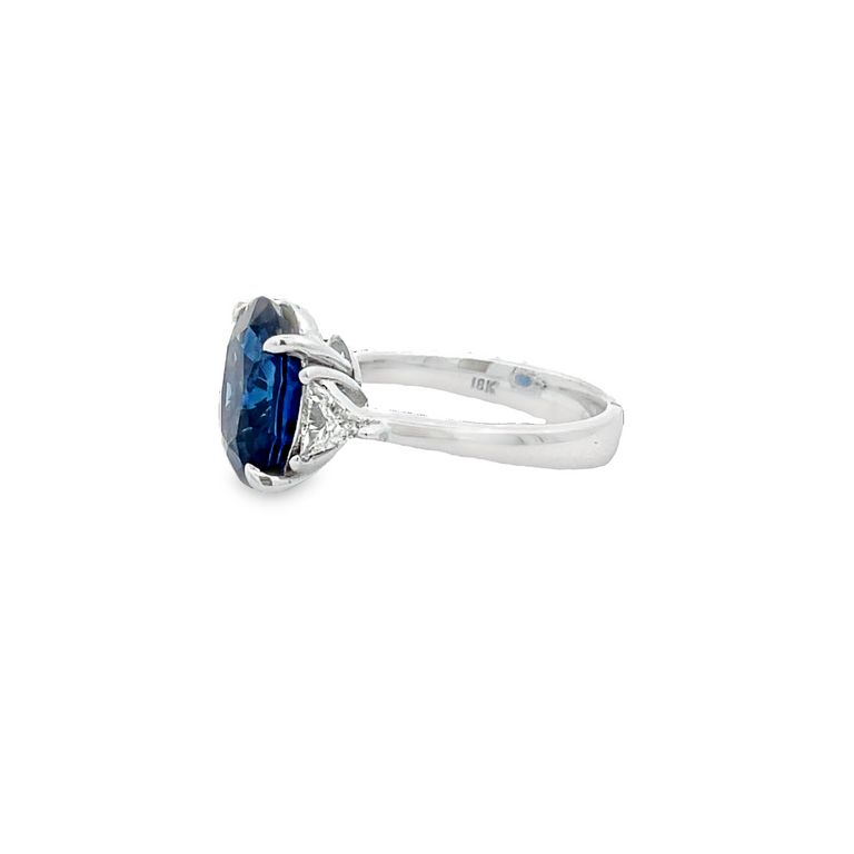 Three Stone Ceylon Sapphire & Trilliant Diamond Ring 6.46CT TR.36CT 18K White Gold