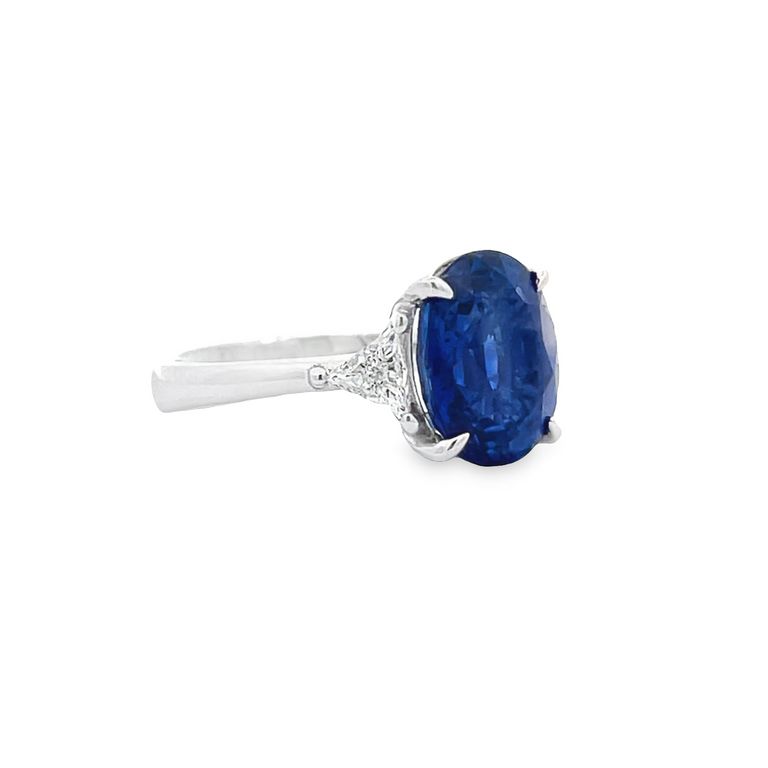 Three Stone Ceylon Sapphire & Trilliant Diamond Ring 6.46CT TR.36CT 18K White Gold