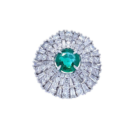 Round Green Emerald 1.78CT Mix Shape Diamonds 3.62CT 18K White Gold Ring