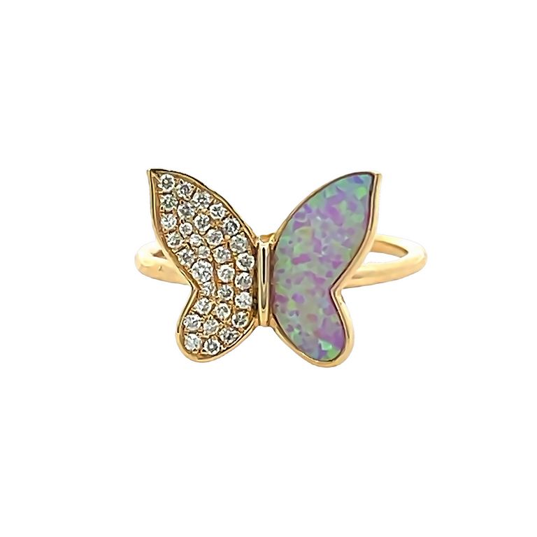 Lady's butterfly Pink Opal & Diamond Fashion Ring 0.18CT 14K Yellow Gold