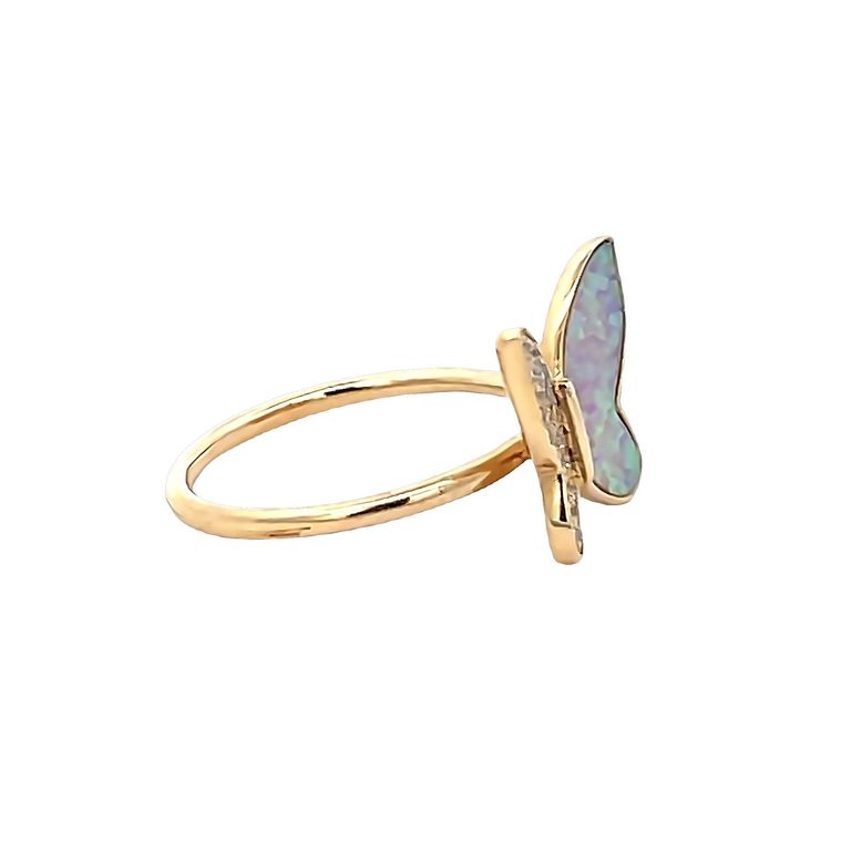 Lady's butterfly Pink Opal & Diamond Fashion Ring 0.18CT 14K Yellow Gold