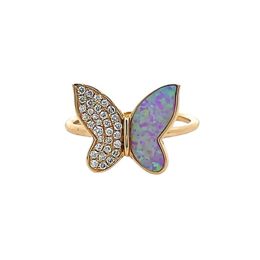 Lady's butterfly Pink Opal & Diamond Fashion Ring 0.18CT 14K Yellow Gold