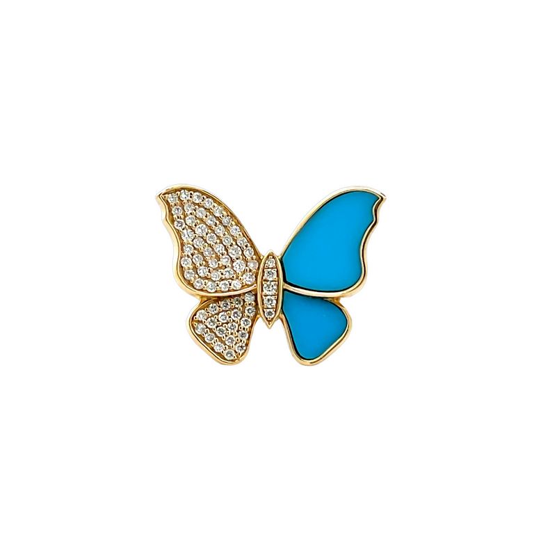 Lady's Butterfly Blue Turquoise & Diamond Fashion Ring 0.46CT 14K Yellow Gold