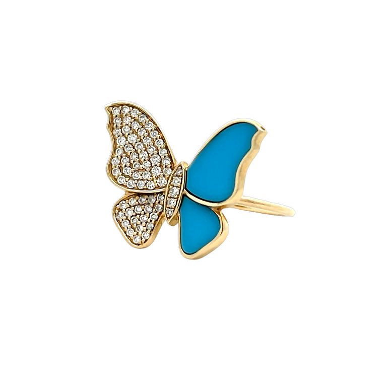 Lady's Butterfly Blue Turquoise & Diamond Fashion Ring 0.46CT 14K Yellow Gold