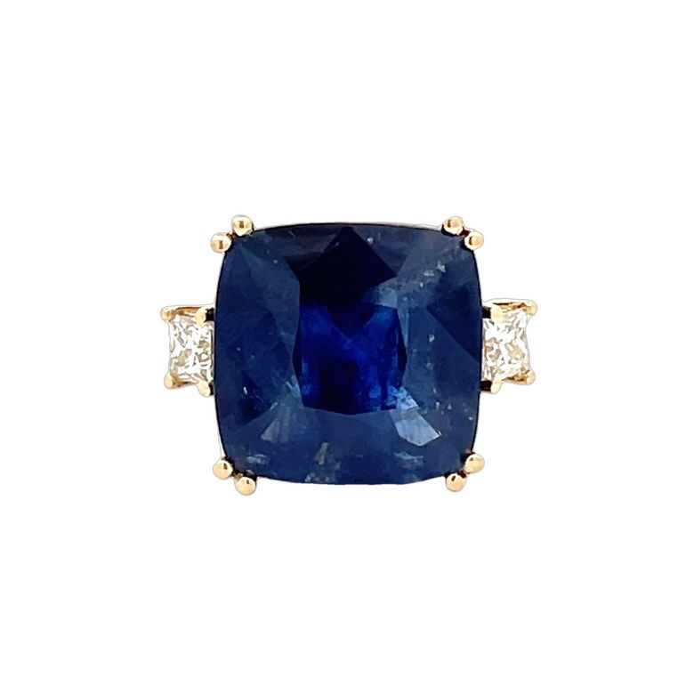 Three Stone Radiant Sapphire 17.47CT & Princess Diamond 0.74CT Ring 18K Yellow G