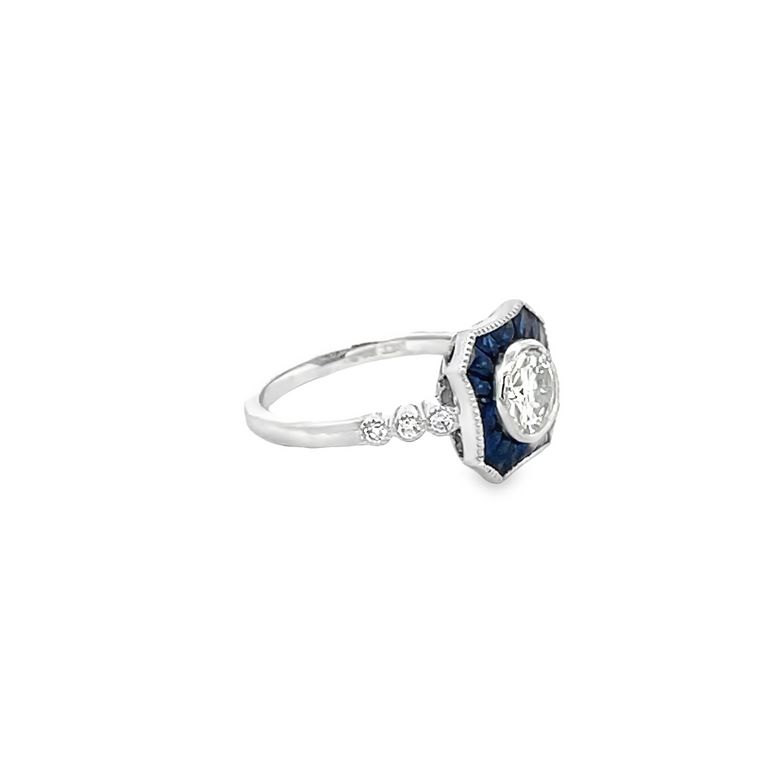 Antique Diamond 0.98 CT & Blue Sapphire 1.05 CT Ring in 18K White Gold