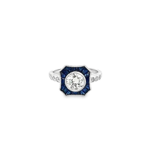 Antique Diamond 0.98 CT & Blue Sapphire 1.05 CT Ring in 18K White Gold