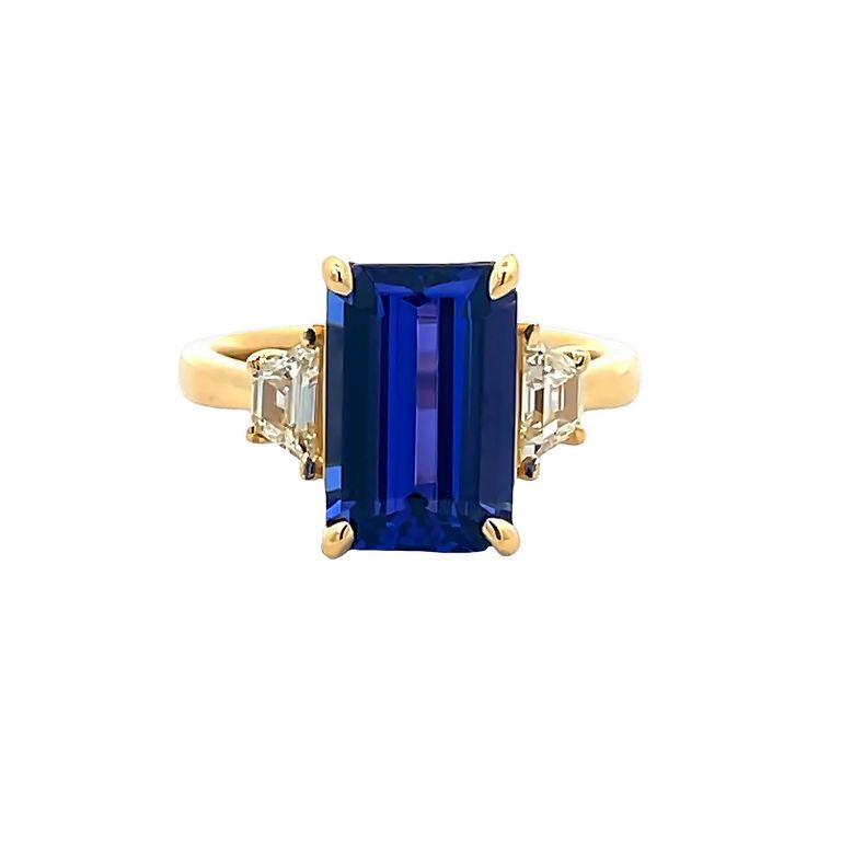 Blue Emerald Tanzanite 4.40CT & Traps White Diamonds 0.39CT Ring in 18K Gold