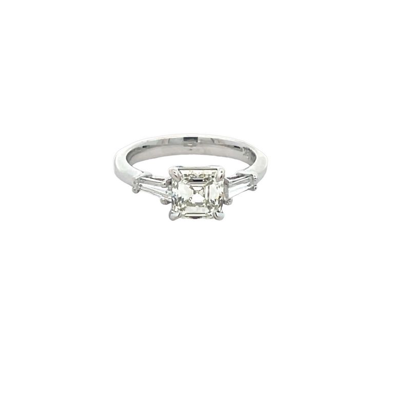 Three Stone Asscher Cut Diamond Ring with Baguettes 1.70CT BG.32ct 18K White Gold