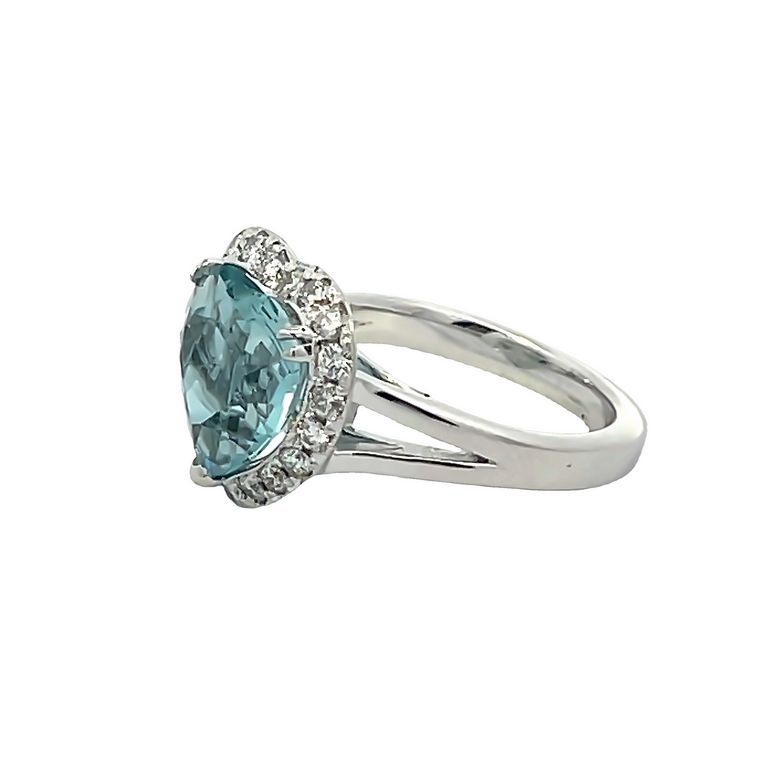 Heart Shape Aquamarine 3.30CT D 0.35CT Fashion Ring 14K White Gold