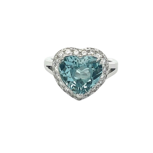 Heart Shape Aquamarine 3.30CT D 0.35CT Fashion Ring 14K White Gold