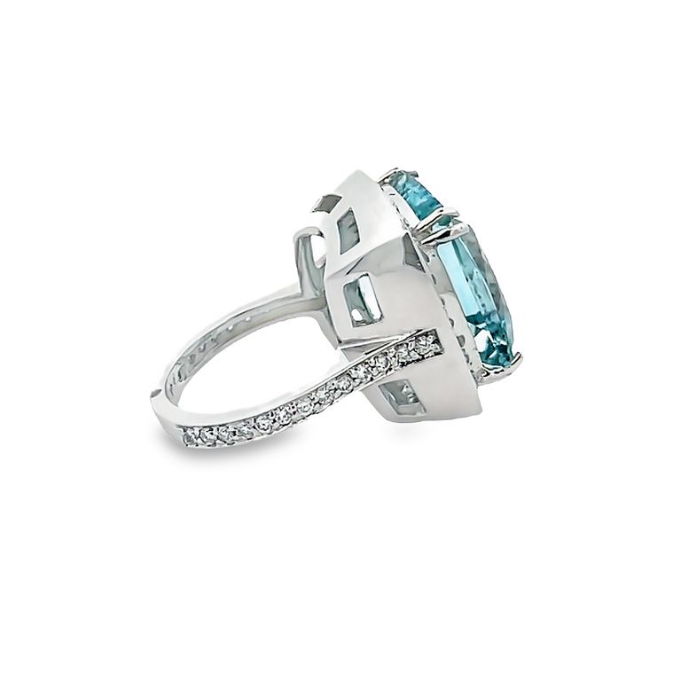 Cushion Aquamarine 15.50CT Round Diamond 1.65CT Cocktail Ring 18K White Gold