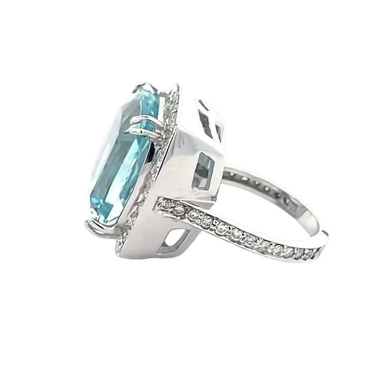 Cushion Aquamarine 15.50CT Round Diamond 1.65CT Cocktail Ring 18K White Gold