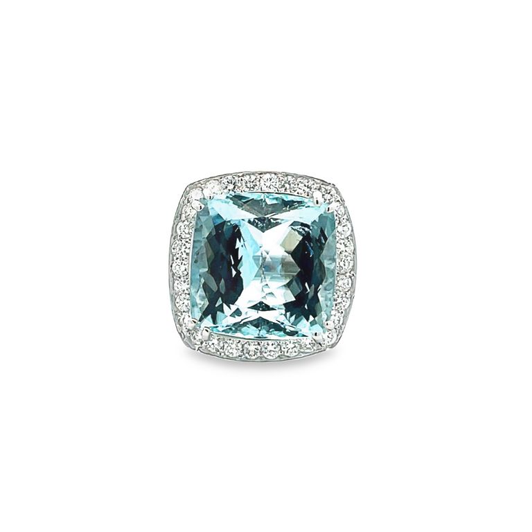 Cushion Aquamarine 15.50CT Round Diamond 1.65CT Cocktail Ring 18K White Gold