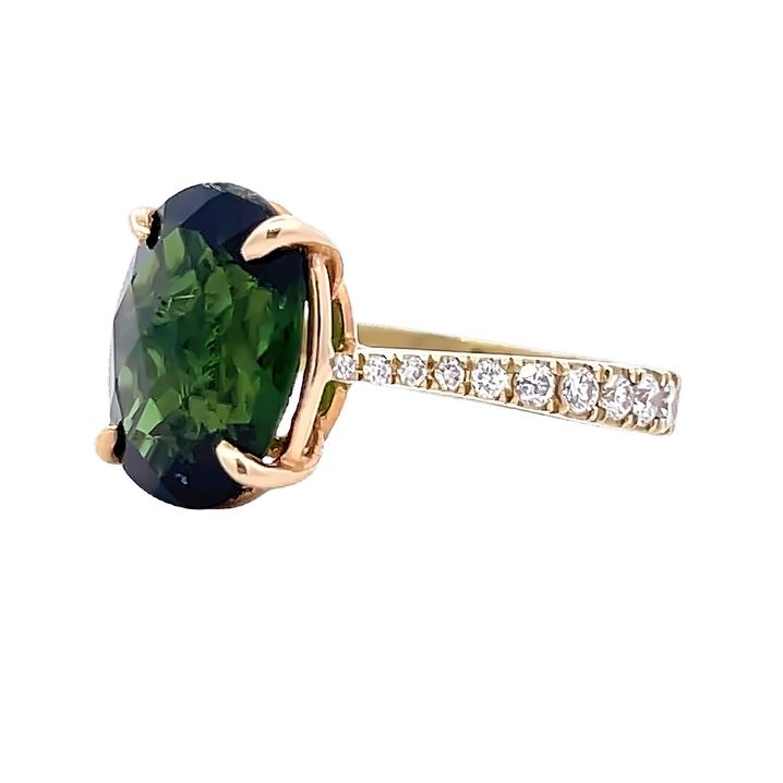 Green Tourmaline Oval 5.07CT Round Diamond 0.55CT Cocktail Ring 14K Yellow Gold