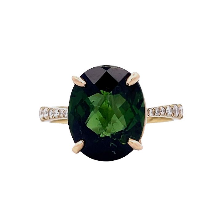 Green Tourmaline Oval 5.07CT Round Diamond 0.55CT Cocktail Ring 14K Yellow Gold