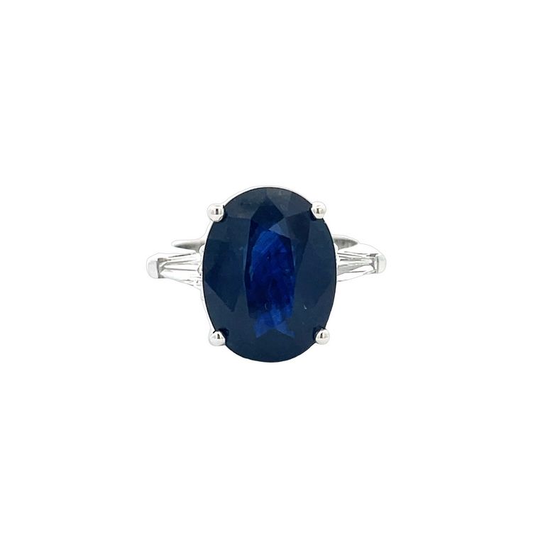 Three Stone Oval Sapphire 8.35CT & Baguette Diamond 0.70CT Ring 18K White Gold