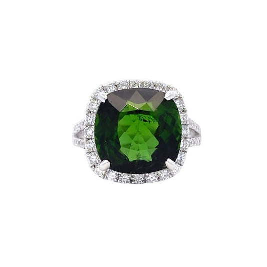 Green Tourmaline 8.34CT & White Diamond 0.77CT Fashion Ring 18K White