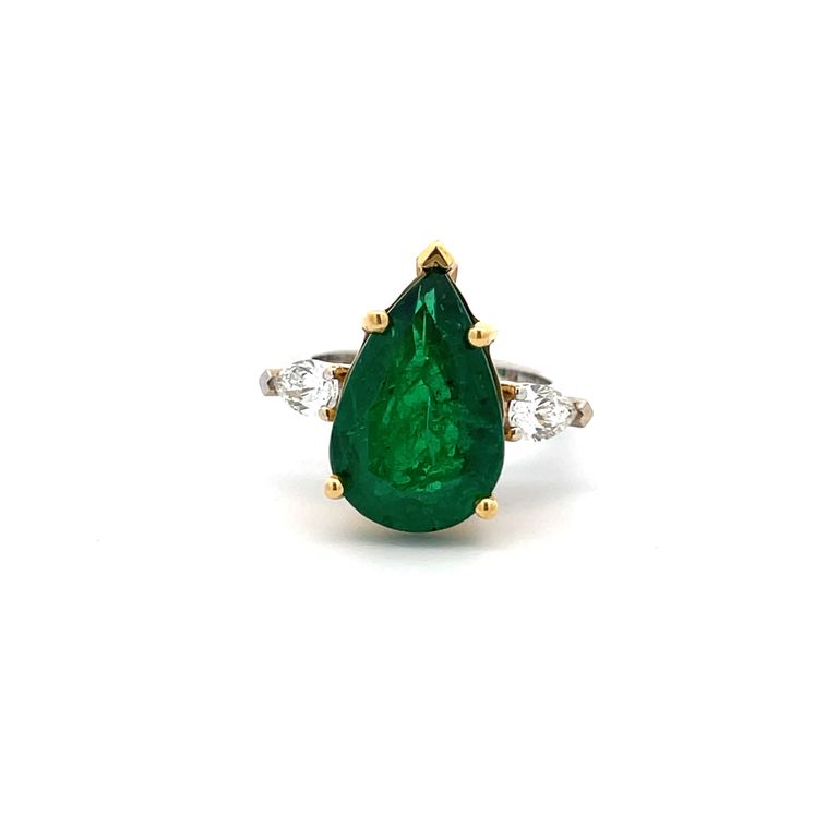 Three Stone Green Emerald & White Diamond Ring 7.49CT 18K Two Tone Gold