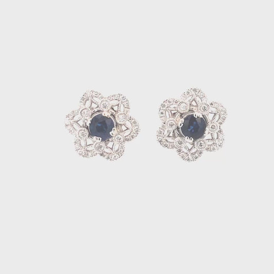 Blue Round Sapphire 1.13 CT & White Round Diamonds 0.58CT 14KW Earrings